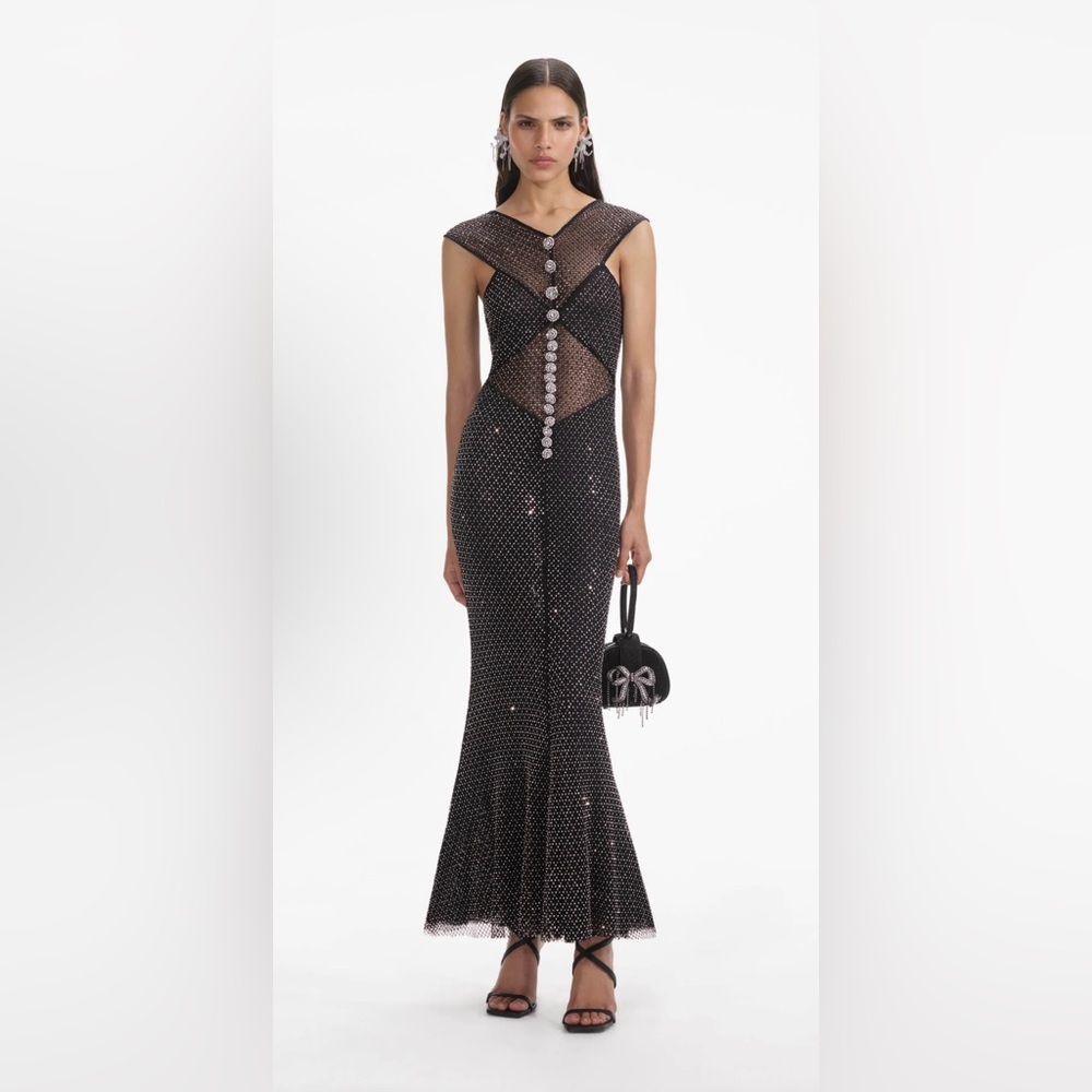 New Self Portrait Black Rhinestone Fishnet Crossover Midi Dress size US 4 - Picture 1 of 17